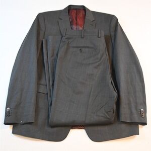 S Cohen 46L 38x32 Brown Gray Windowpane Wool Zip Pocket Mens Jacket Pants Suit